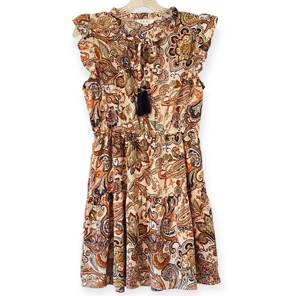 THML Dresses & Skirts - THML Boho Paisley Print Tassal Tie Mini Dress Ruffled Neck Flutter Sleeves